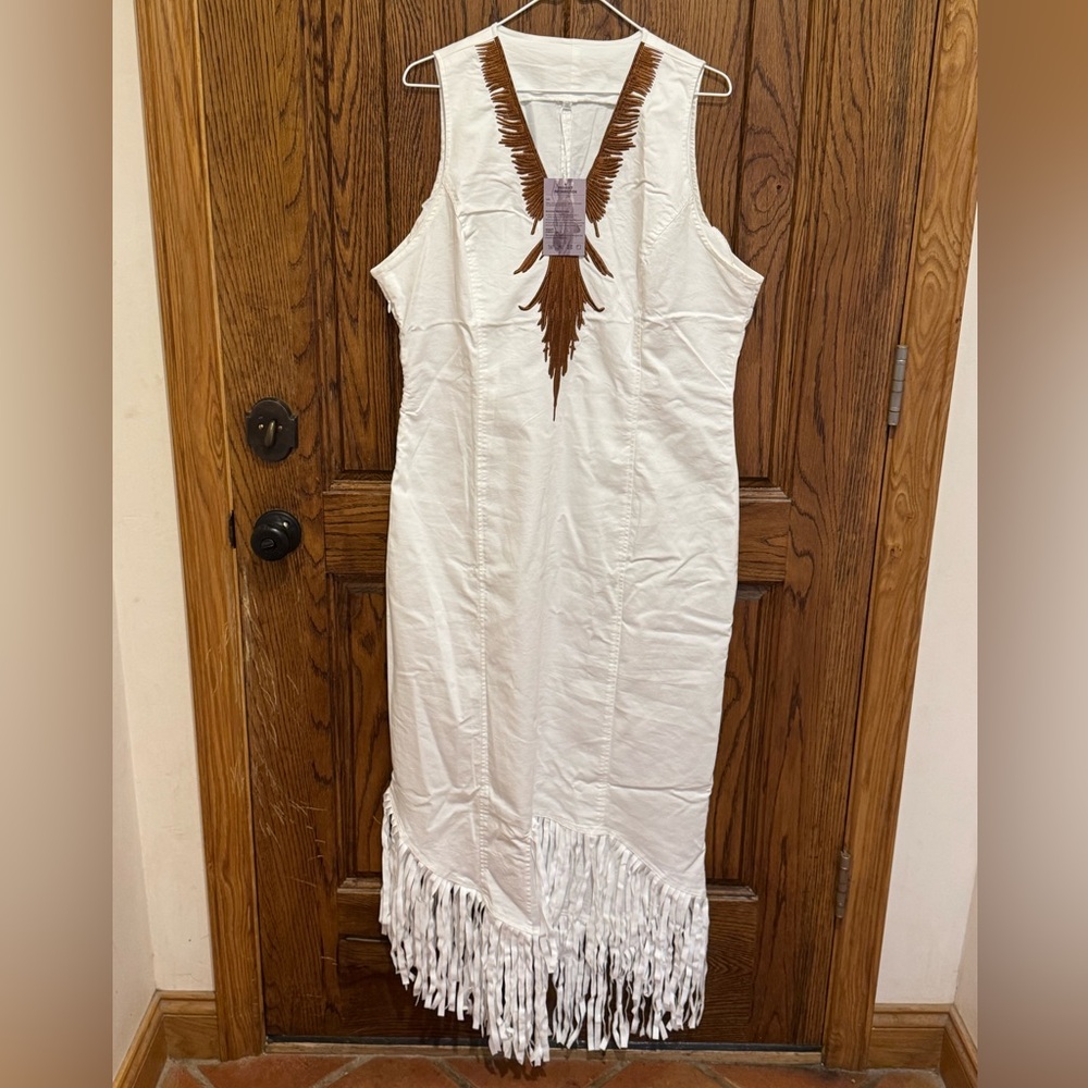 White and Brown Fringe Maxi Dress